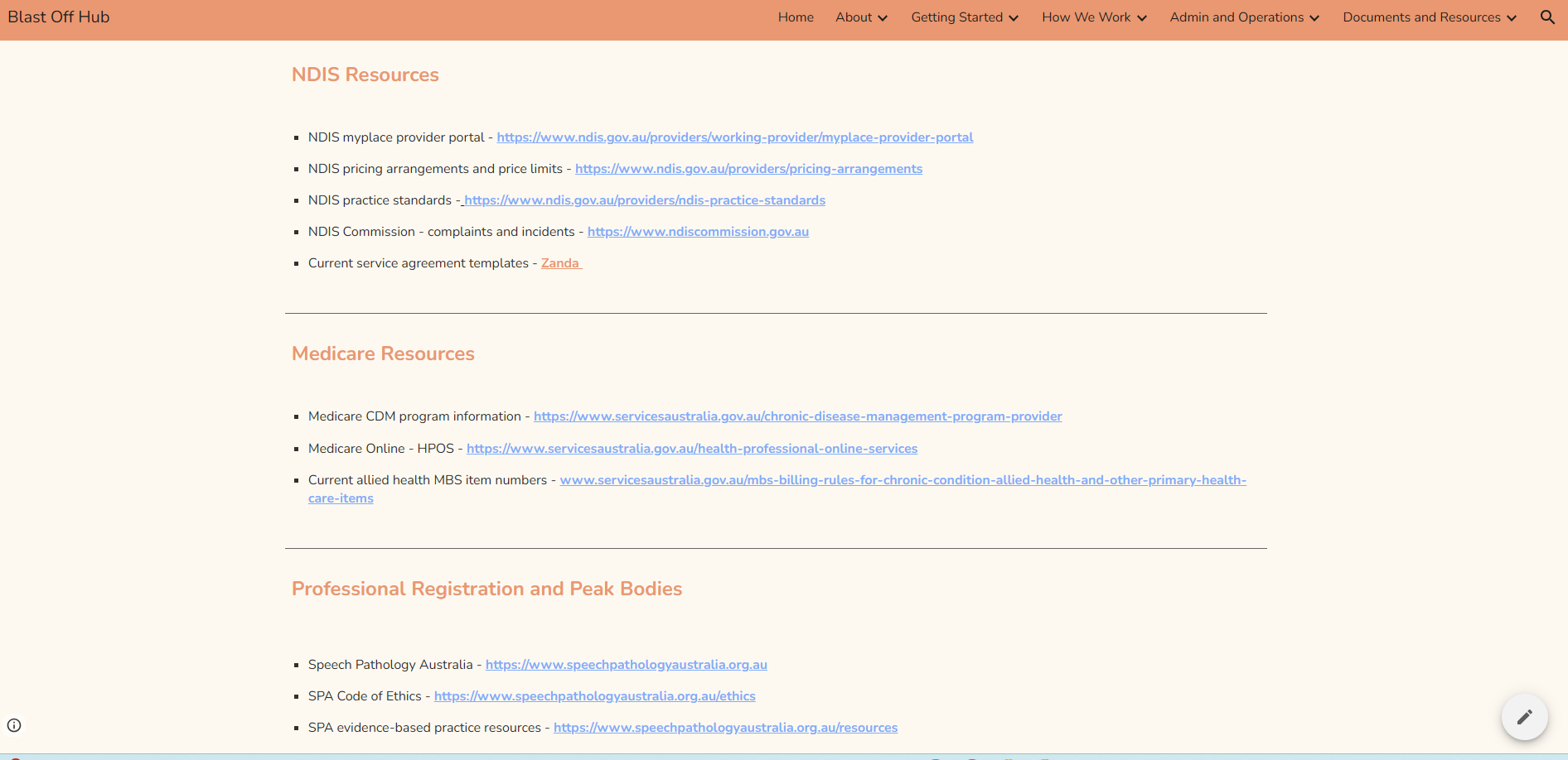 Example of some of the links on the resources page for Blast Off SP